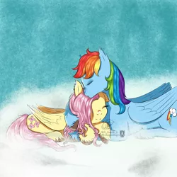 Size: 1500x1500 | Tagged: safe, artist:jamizin, derpibooru import, fluttershy, rainbow dash, pegasus, pony, cloud, cute, eyes closed, female, flutterdash, image, jpeg, kissing, lesbian, lying down, prone, shipping