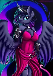 Size: 1742x2500 | Tagged: safe, artist:midnightsix3, derpibooru import, princess luna, alicorn, anthro, clothes, curved horn, dress, horn, image, png, solo, wings