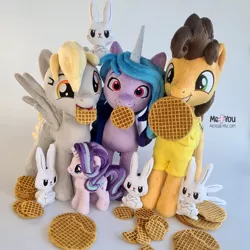 Size: 1600x1600 | Tagged: safe, artist:meplushyou, derpibooru import, angel bunny, cheese sandwich, derpy hooves, izzy moonbow, starlight glimmer, pony, food, g4, g5, image, irl, jpeg, mouth hold, photo, plushie, waffle