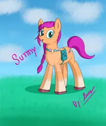Size: 1280x1525 | Tagged: safe, artist:lurfy, derpibooru import, sunny starscout, earth pony, pony, bag, coat markings, colored hooves, deviantart watermark, female, g5, grass, image, jpeg, mare, obtrusive watermark, open mouth, open smile, pin, smiling, socks (coat marking), solo, unshorn fetlocks, watermark