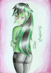 Size: 1654x2339 | Tagged: safe, artist:3500joel, derpibooru import, oc, oc:diamond green, unofficial characters only, ass, blushing, butt, clothes, equestria girls oc, female, image, jpeg, looking back, solo, traditional art