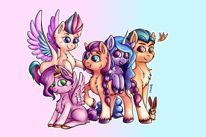 Size: 5593x3729 | Tagged: safe, artist:coco-drillo, derpibooru import, hitch trailblazer, izzy moonbow, pipp petals, sunny starscout, zipp storm, bird, earth pony, pegasus, pony, rabbit, unicorn, my little pony: a new generation, :p, animal, braid, braided tail, chest fluff, ear fluff, flying, g5, hitch trailblaizer, hug, image, looking at you, mane five (g5), mlem, png, raised hoof, silly, simple background, sitting, smiling, smirk, spread wings, tail, tongue out, wings