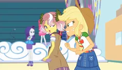 Size: 1244x719 | Tagged: safe, derpibooru import, screencap, applejack, pinkie pie, rarity, vignette valencia, equestria girls, equestria girls series, rollercoaster of friendship, angry, applejack's hat, back, cowboy hat, female, flower, flower in hair, hat, image, jpeg, mobile phone, phone, smartphone