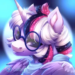 Size: 750x750 | Tagged: safe, artist:cabbage-arts, derpibooru import, oc, oc:mystic mysteries, unofficial characters only, alicorn, pony, alicorn oc, bust, commissioner:eyesorefortheblind, female, glasses, horn, image, png, portrait, wings