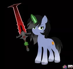 Size: 1249x1187 | Tagged: safe, artist:isaac_pony, derpibooru import, oc, oc:shainer shrapnel shock, pony, unicorn, angry, aura, black background, crucible blade, cutie mark, doom, doom equestria, female, g5, horn, image, logo, looking at you, magic, png, simple background, solo, vector, weapon