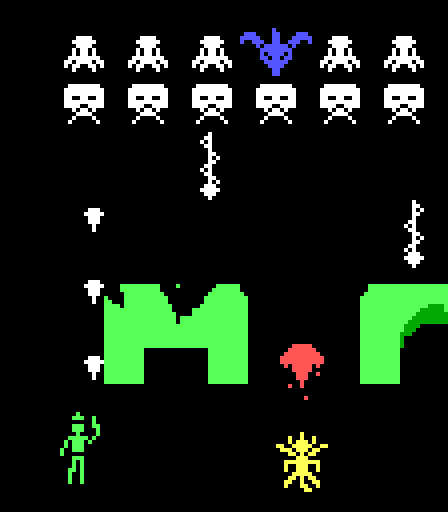 Size: 448x512 | Tagged: safe, artist:derek the metagamer, derpibooru import, grogar, smolder, oc, oc:derek the metagamer, alien, dragon, human, sheep, series:gaming with creatures, 8bit, arcade, aseprite, fire, galaga, head, image, laser, pixel art, png, space invaders