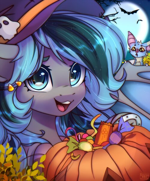 Size: 1707x2048 | Tagged: safe, artist:reterica, derpibooru import, oc, oc:luny, bat, pony, blue eyes, candy, cute, food, hairclip, halloween, hat, holiday, horseshoes, image, jpeg, moon, pumpkin bucket, two toned mane