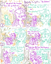 Size: 4779x6013 | Tagged: safe, artist:adorkabletwilightandfriends, derpibooru import, autumn leaf, lyra heartstrings, sunbeam, twilight sparkle, twilight sparkle (alicorn), oc, oc:trevor, alicorn, comic:adorkable twilight and friends, adorkable, adorkable twilight, animated, autumn, autumn leaves, background, beautiful, breeze, butt, cloud, comic, concerned, crepuscular rays, cute, dork, forest, friendship, happy, hat, image, leaf, noises, over the garden wall, plot, png, pot, scenery, silly, slice if life, smiling, sound, spooky, stone wall, tree, tree branch, turnaround, unknown, wall, wind