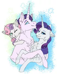 Size: 1280x1662 | Tagged: safe, artist:malinraf1615, derpibooru import, dirk thistleweed, rarity, sweetie belle, ponified, pony, unicorn, brother and sister, chest fluff, equestria girls ponified, eyeshadow, female, filly, grin, headcanon, hug, image, jpeg, makeup, male, mare, one eye closed, siblings, sisters, smiling, stallion, trio, wink