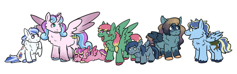 Size: 1600x498 | Tagged: safe, artist:moonstruck-badger, derpibooru import, princess flurry heart, oc, oc:dragonfly, oc:eventide, oc:frost shimmer, oc:rain shower, oc:skyline, alicorn, pegasus, pony, colt, female, filly, filly flurry heart, fluffy, foal, image, jpeg, magical lesbian spawn, male, offspring, older, older flurry heart, parent:applejack, parent:fluttershy, parent:princess cadance, parent:princess luna, parent:rainbow dash, parent:rockhoof, parent:shining armor, parent:soarin', parents:flutterdash, parents:rockluna, parents:shiningcadance, parents:soarinjack, simple background, tongue out, white background