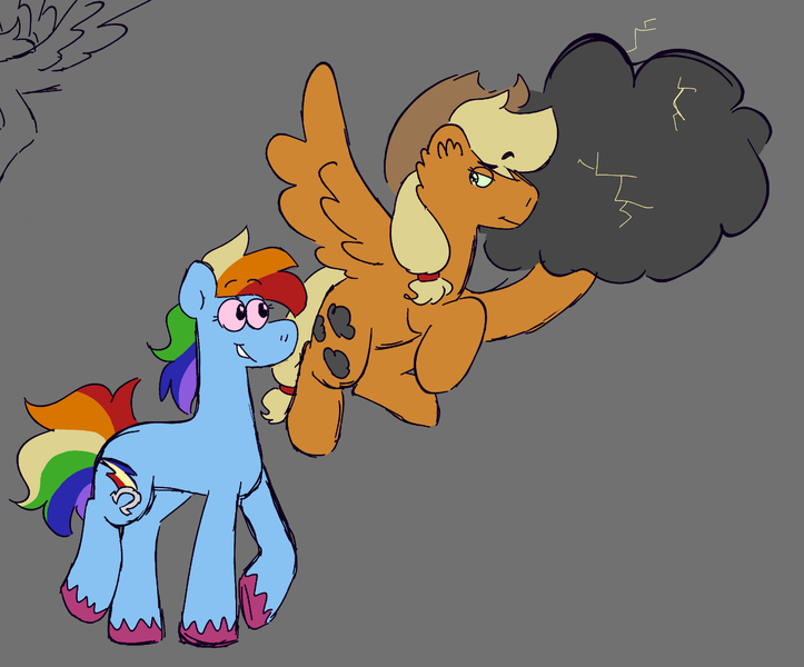 Size: 1368x1136 | Tagged: safe, artist:tezzbot, derpibooru import, applejack, rainbow dash, earth pony, pegasus, pony, alternate universe, appledash, cloud, earth pony rainbow dash, female, flapplejack, gray background, image, lesbian, png, race swap, role reversal, shipping, simple background, smiling, unshorn fetlocks, walking