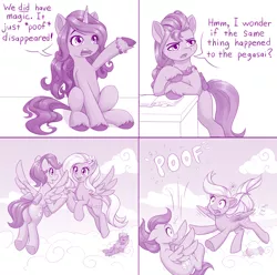 Size: 1400x1389 | Tagged: safe, artist:dstears, derpibooru import, izzy moonbow, sunny starscout, earth pony, pegasus, pony, unicorn, my little pony: a new generation, spoiler:my little pony: a new generation, 4 panel comic, bracelet, comic, falling, female, g5, image, jewelry, jpeg, mare, scene interpretation, speech bubble, this will end in death, this will end in tears, this will end in tears and/or death