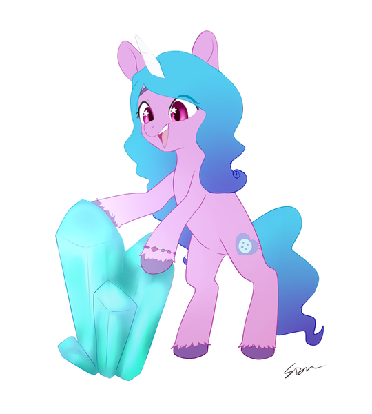 Size: 900x1000 | Tagged: safe, artist:sion, derpibooru import, izzy moonbow, pony, unicorn, my little pony: a new generation, bipedal, crystal, cute, female, g5, image, izzybetes, mare, open mouth, png, ponytober, solo, starry eyes, wingding eyes