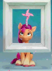 Size: 534x725 | Tagged: safe, derpibooru import, screencap, sunny starscout, earth pony, pony, my little pony: a new generation, spoiler:g5, spoiler:my little pony: a new generation, animated, confetti, cropped, cute, fake horn, female, g5, gif, image, mare, sitting, smiling, solo focus, sunnybetes