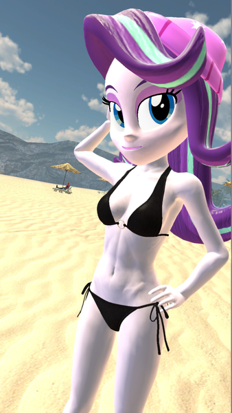 Size: 900x1600 | Tagged: questionable, derpibooru import, starlight glimmer, human, equestria girls, arm behind head, beach, bikini, clothes, hand on hip, humanized, image, png, sexy, solo, swimsuit