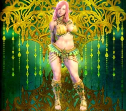 Size: 1280x1130 | Tagged: suggestive, artist:ponycalibur, derpibooru import, fluttershy, human, 3d, belly button, big breasts, breasts, busty fluttershy, cleavage, elf ears, female, humanized, image, jpeg, looking at you, monster hunter world, sandals, smiling, smiling at you, solo, solo female