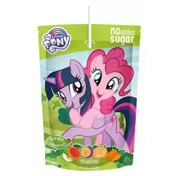 Size: 1074x1074 | Tagged: safe, derpibooru import, pinkie pie, twilight sparkle, twilight sparkle (alicorn), alicorn, earth pony, insect, ladybug, appy kids, appy kids co, drink, duo, duo female, female, food, fruit, hug, hug from behind, image, juice, merchandise, my little pony logo, png, stock vector, united kingdom