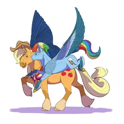 Size: 1280x1280 | Tagged: safe, artist:will-owl-the-wisp, derpibooru import, applejack, rainbow dash, earth pony, pegasus, pony, alternate hairstyle, appledash, chest feathers, cowboy hat, feathered fetlocks, female, hat, image, larger female, lesbian, mare, png, shawl, shipping, simple background, size difference, smaller female, transparent background, white background