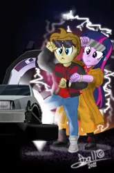 Size: 2717x4128 | Tagged: safe, artist:tidmouthmilk12, derpibooru import, twilight sparkle, oc, oc:tidmouth milk, human, equestria girls, back to the future, delorean, humanized, image, movie poster, png, vector