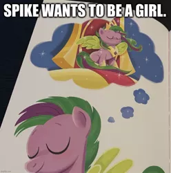 Size: 910x917 | Tagged: safe, artist:anthony conley, derpibooru import, edit, spike, ponified, pegasus, pony, a pony named spike, alicorn spike, caption, daydream, eyes closed, female, image, image macro, implied transgender, jewelry, jpeg, male, ponified spike, regalia, smiling, solo, species swap, text, throne