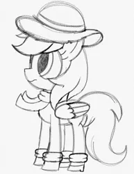 Size: 1153x1496 | Tagged: safe, artist:bettybrother35, derpibooru import, surprise, pegasus, pony, fanfic:surprise's fashion show, adoraprise, clothes, cute, female, folded wings, frown, g1, g1 to g4, g4, generation leap, hat, image, jacket, mare, monochrome, no color, png, scarf, shoes, simple background, sketch, surprise tales, traditional art, white background, wings