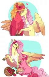 Size: 2200x3400 | Tagged: safe, artist:theartfox2468, derpibooru import, big macintosh, fluttershy, oc, oc:valentine, earth pony, pegasus, pony, apple, basket, beard, cloven hooves, earth pony oc, eyes closed, facial hair, fangs, female, filly, floating heart, floral head wreath, flower, fluttermac, food, freckles, heart, height difference, hug, image, lidded eyes, male, mare, mother and child, mother and daughter, mouth hold, neck biting, neck nuzzle, nibbling, offspring, pale belly, parent:big macintosh, parent:fluttershy, parents:fluttermac, png, shipping, sitting, stallion, straight, tongue out, underhoof, wing shelter, wings