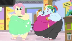 Size: 2560x1440 | Tagged: suggestive, artist:neongothic, derpibooru import, fluttershy, rainbow dash, equestria girls, bbw, belly, big belly, bingo wings, breasts, burger, busty fluttershy, busty rainbow dash, chicken sandwich, chubby cheeks, double chin, eating, fat, fat ass, fat boobs, fat fetish, fattershy, female, fetish, food, huge belly, image, impossibly large belly, morbidly obese, obese, png, ponytail, rainblob dash, salad, ssbbw, weight gain