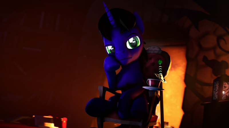 Size: 7680x4320 | Tagged: safe, artist:lagmanor, derpibooru import, oc, oc:lagmanor amell, unofficial characters only, pony, unicorn, 3d, absurd resolution, black mane, blurry background, book, bookshelf, candle, cup, dark background, dark mane, eyebrows, fire, fireplace, frown, green eyes, horn, image, looking at you, magic horn, male, mane, nudity, png, raised eyebrow, sheath, sheathed, sitting, solo, solo male, source filmmaker, stallion, sword, table, teacup, vignette, weapon