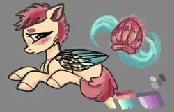 Size: 1116x720 | Tagged: safe, artist:hippykat13, artist:sabokat, derpibooru import, oc, blushing, colored wings, colored wingtips, color palette, colorslive, cute, gray background, hooves, image, png, sad, scar, shell, short hair, short mane, shy, simple background, solo, wave, wings