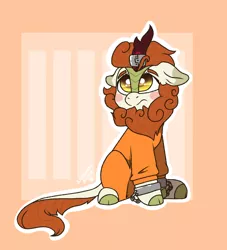 Size: 1862x2048 | Tagged: safe, artist:anxioussartist, derpibooru import, autumn blaze, kirin, blushing, clothes, cuffs, floppy ears, horn, horn ring, image, jewelry, jpeg, magic suppression, prison outfit, ring, sad, shackles, simple background, solo