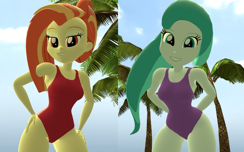 Size: 1724x1080 | Tagged: suggestive, derpibooru import, lighthoof, shimmy shake, human, 2 4 6 greaaat, equestria girls, beach, beach babe, breasts, busty lighthoof, busty shimmy shake, cheerleader, clothes, hand on hip, hands behind back, humanized, image, jpeg, leotard, purple swimsuit, red swimsuit, swimsuit