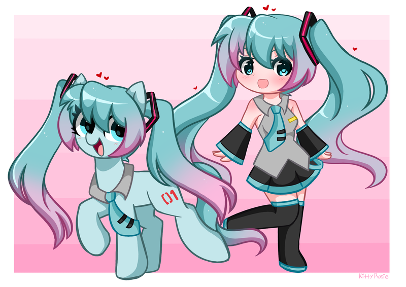 Size: 5576x3944 | Tagged: safe, artist:kittyrosie, derpibooru import, ponified, earth pony, human, pony, anime, clothes, duo, female, gradient background, hatsune miku, headphones, human ponidox, image, microphone, necktie, open mouth, pigtails, png, self ponidox, vocaloid