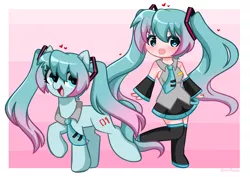 Size: 5576x3944 | Tagged: safe, artist:kittyrosie, derpibooru import, ponified, earth pony, human, pony, anime, clothes, duo, female, gradient background, hatsune miku, headphones, human ponidox, image, microphone, necktie, open mouth, pigtails, png, self ponidox, vocaloid