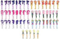 Size: 6111x4000 | Tagged: safe, artist:cloppy hooves, ponybooru import, applejack, fluttershy, pinkie pie, rainbow dash, rarity, sci-twi, sunset shimmer, twilight sparkle, equestria girls, equestria girls series, forgotten friendship, barefoot, bikini, breasts, buttcheeks, cleavage, clothes, feet, female, humane five, humane seven, humane six, image, one-piece swimsuit, png, reference sheet, simple background, swimsuit, transparent background, turnaround, turntable, wetsuit