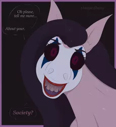 Size: 990x1080 | Tagged: safe, artist:stoopedhooy, derpibooru import, oc, oc:shakes heartwood, horse, black sclera, bust, clown makeup, dialogue, grin, image, looking at you, makeup, mlp fim's eleventh anniversary, png, portrait, sharp teeth, smiling, solo, talking to viewer, teeth, text
