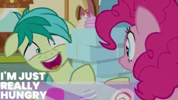 Size: 1280x720 | Tagged: safe, derpibooru import, edit, edited screencap, editor:quoterific, screencap, pinkie pie, sandbar, earth pony, pony, school daze, season 8, spoiler:s08, cupcake, female, floppy ears, food, image, jpeg, male, mare, nervous laugh, open mouth, open smile, smiling, stallion, sugarcube corner