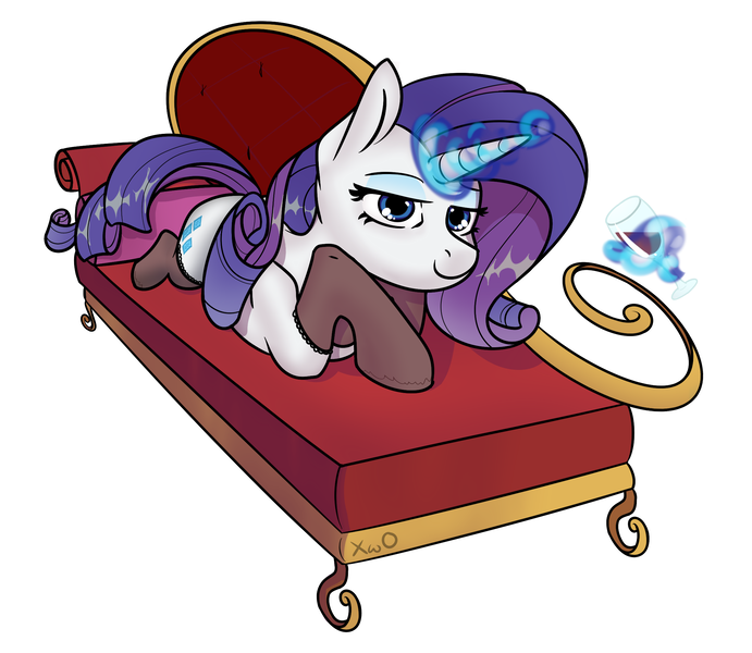 Size: 2294x1991 | Tagged: safe, artist:xwosya, derpibooru import, rarity, unicorn, alcohol, clothes, female, image, magic, png, rarity's bedroom, simple background, socks, solo, stockings, stupid sexy rarity, thigh highs, white background, wine, wineglass