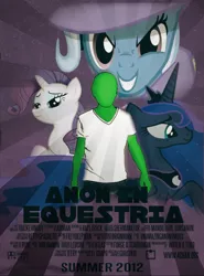 Size: 800x1080 | Tagged: safe, artist:imthebestididit, princess luna, rarity, trixie, oc, oc:anon, alicorn, human, pony, unicorn, 2012, anon in equestria, female, image, jpeg, male, mare, movie poster, text