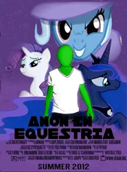 Size: 800x1080 | Tagged: safe, alternate version, artist:imthebestididit, princess luna, rarity, trixie, oc, oc:anon, alicorn, human, pony, unicorn, 2012, anon in equestria, female, image, male, mare, movie poster, png, text