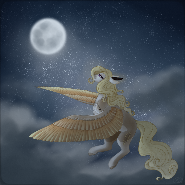 Size: 2400x2400 | Tagged: safe, artist:pokaparida, derpibooru import, oc, oc:mrochina, pegasus, pony, cloud, female, flying, image, mare, moon, png, solo