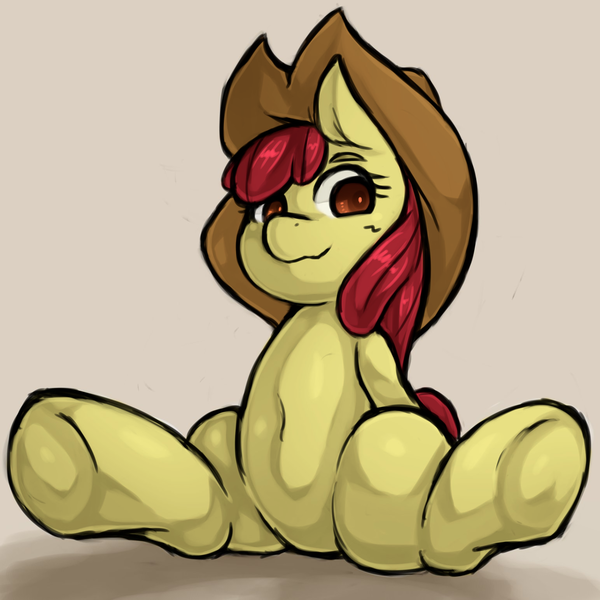 Size: 1543x1543 | Tagged: safe, artist:kyouman1010, color edit, derpibooru import, edit, apple bloom, earth pony, pony, applejack's hat, belly button, colored, cowboy hat, female, filly, hat, image, looking at you, png, sitting, smiling, solo, spread legs, spreading