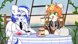 Size: 3840x2160 | Tagged: safe, artist:etoz, derpibooru import, oc, oc:etoz, oc:light speed, unofficial characters only, pegasus, pony, unicorn, cafe, clothes, coffee, commission, cosplay, costume, cute, donut, fangs, female, food, genshin impact, glasses, horn, image, magic, magic aura, mare, open mouth, pegasus oc, png, sitting, suit, table, talking, tea, unicorn oc, window, wings, zhongli