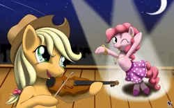 Size: 1680x1050 | Tagged: safe, artist:renatethepony, derpibooru import, pinkie pie, earth pony, pony, bust, crescent moon, dancing, hat, image, moon, musical instrument, one eye closed, png, smiling, transparent moon, violin, wink