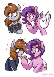 Size: 1582x2222 | Tagged: safe, artist:lrusu, derpibooru import, pipp petals, oc, oc:littlepip, pegasus, pony, unicorn, fallout equestria, adorapipp, blushing, clothes, cute, duo, eye clipping through hair, eyebrows, eyebrows visible through hair, female, folded wings, g5, high res, hoof polish, image, jewelry, mare, missing horn, ocbetes, open mouth, phone, pipabetes, pipbuck, png, signature, simple background, that pony sure does love phones, tiara, vault suit, white background, wings, wrong eye color