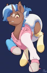 Size: 1640x2540 | Tagged: suggestive, artist:ailoy4, derpibooru import, oc, unofficial characters only, pony, unicorn, clothes, coat markings, diaper, diaper fetish, fetish, hoodie, image, male, non-baby in diaper, png, poofy diaper, simple background, socks, socks (coat marking), solo, stallion, two toned mane