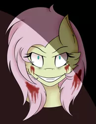 Size: 1749x2259 | Tagged: semi-grimdark, artist:lucky-em, derpibooru import, fluttershy, pegasus, pony, .mov, shed.mov, blood, bust, ear fluff, eyelashes, female, grin, image, mare, png, smiling, solo