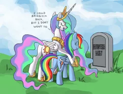 Size: 1182x909 | Tagged: safe, artist:ravetuba, derpibooru import, edit, princess celestia, rainbow dash, alicorn, pegasus, pony, equestria daily, ^^, butt, celestia's grave meme, crown, dialogue, duo, duo female, exploitable meme, eyes closed, female, folded wings, grass, gravestone, hoof shoes, horn, image, jewelry, mare, meme, multicolored hair, multicolored mane, multicolored tail, open mouth, outdoors, peytral, plot, png, rainbow hair, rainbow tail, regalia, rip equestria daily, smiling, tail, wings