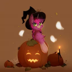 Size: 1667x1667 | Tagged: safe, artist:nyota71, derpibooru import, oc, oc:bloom moonbeam, unofficial characters only, ghost, pony, spider, undead, unicorn, butt, candle, chest fluff, halloween, hat, holiday, image, jack-o-lantern, jpeg, looking at you, moon, pumpkin, smiling, solo, witch hat