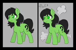 Size: 2400x1600 | Tagged: safe, artist:happy harvey, derpibooru import, oc, oc:anonfilly, unofficial characters only, earth pony, pony, black mane, black tail, colored pupils, drawn on phone, earth pony oc, female, filly, green eyes, image, inanimate tf, onomatopoeia, plushie, plushification, png, poof, solo, standing, tail, transformation
