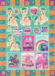 Size: 1200x1644 | Tagged: safe, derpibooru import, hitch trailblazer, izzy moonbow, pipp petals, sunny starscout, zipp storm, earth pony, pegasus, pony, unicorn, my little pony: a new generation, abstract background, female, g5, image, male, mane five (g5), mare, png, scan, stallion, sticker